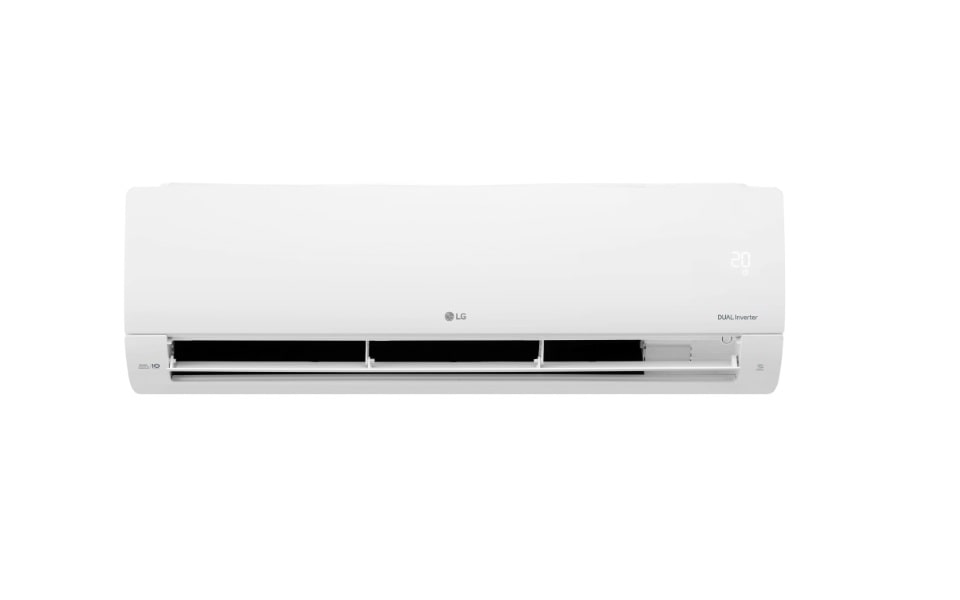 White LG Dual Inverter AC with panel open, showing filters. Ideal for illustrating cleaning steps. Digital display shows '20'